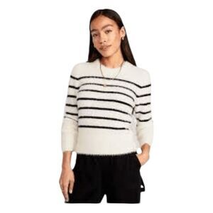 Old Navy Breton Stripe Eyelash Party Sweater White Black Fuzzy Knit Crewneck XXL